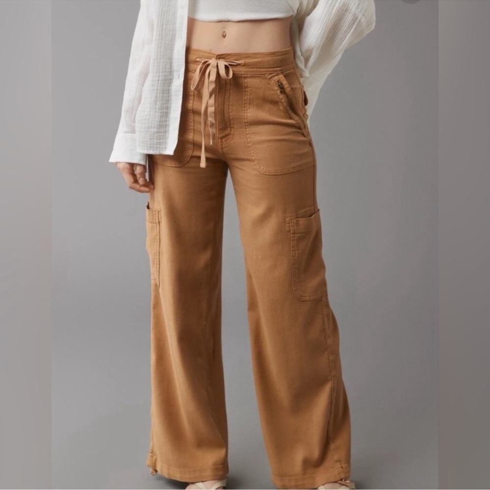 American Eagle Dreamy Drape Linen Blend Baggy Wide Leg Cargo Pants 18 short